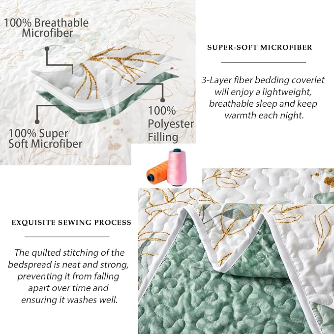 Anibedding Queen Quilt Bedding Set 3 Pieces Green Botanical Bedspreads | Soft - Image 3