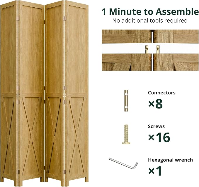 4 Panel Folding Room Divider, Solid Wood Privacy Screen, Freestanding Partition - Image 3