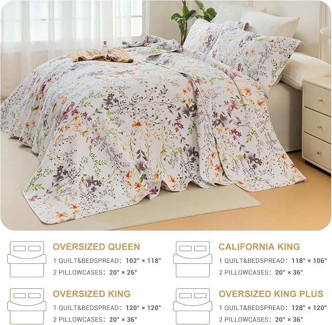 QSH 3Pcs Floral Quilt Oversized Queen Size -100% Cotton Quilt Oversized Queen - Image 5