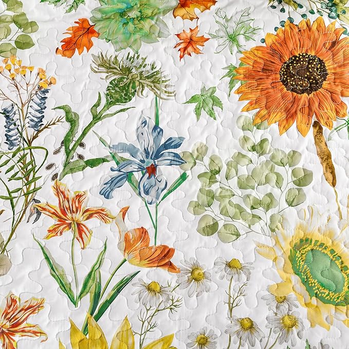Yiran Floral Quilts Queen Size, Sunflower Botanical Bedspreads, Sage Green | - Image 5