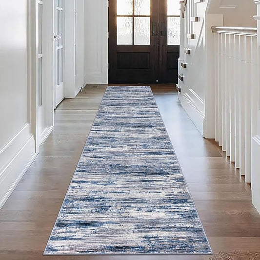 2.6x14 Modern Abstract Runner Rug for Hallways, Navy Blue Gray Neutral Multi Super Soft Hallway Decor Kitchen Rugs with Non-Slip, Non-Shedding Washable Rug for Entryway Bedroom Indoor