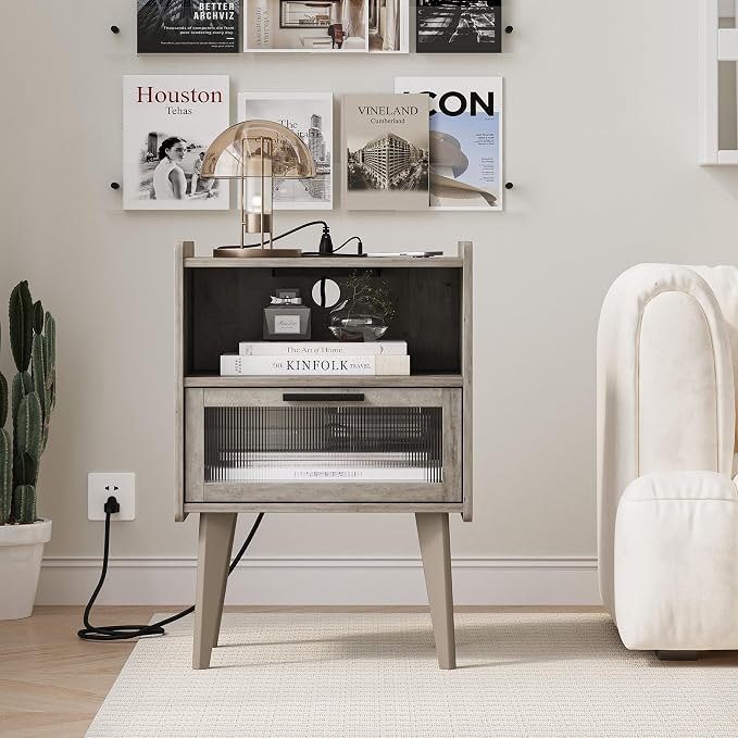 MMEOLUOOK Nightstand with Charging Station, Bedside Tables Oak Grey End Table - Image 6
