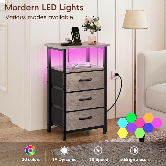 Night Stand with Charging Station, LED Nightstand - Image 4