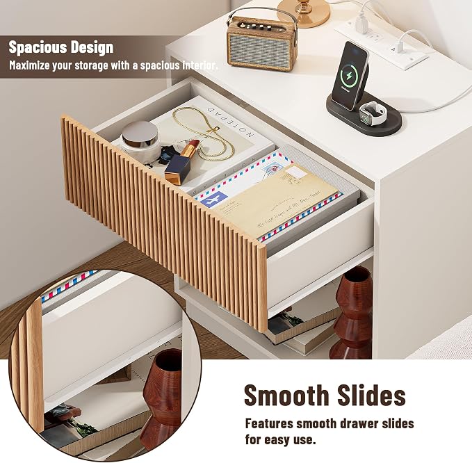 End Table with Charging Station, Fluted Nightstands Set of 2, Modern Bedside - Image 5