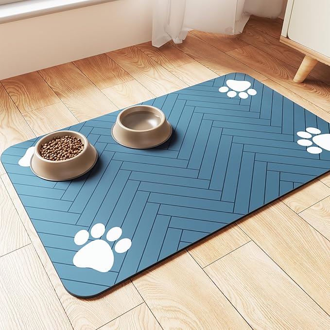 Pet Feeding Mat-Absorbent Pet Placemat for Food and Water Bowl, with Waterproof Rubber Backing, Quick Dry Water Dispenser Mat for Dog and Cat (27"x17", Blue)