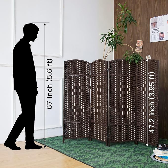 4 Panel Dark Brown Rattan Room Divider, 47.2" Low Height Double-Sided Folding - Image 2