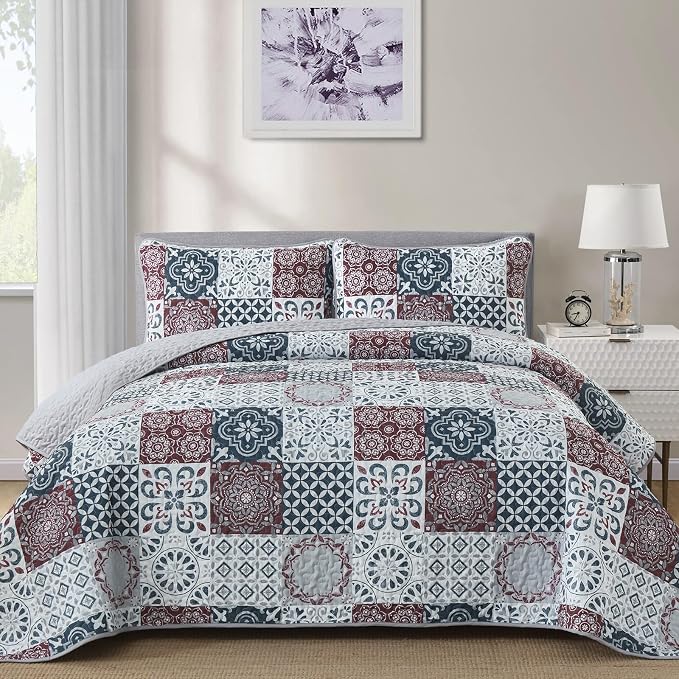 Dobuyly Patchwork Quilt Set Queen Size Boho Plaid Bedspread Red Grey Quilt - Image 2