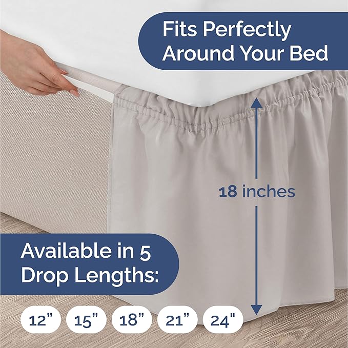 Wrap Around Dust Ruffle Bed Skirt - Light Grey - for Queen Size Beds with 18 Inch Drop - Elastic Strap - Adjustable Pleated Bedskirt with Brushed Fabric and Wrinkle Free - For Women, Men, Kids & Teens