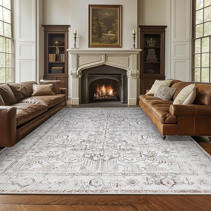 jinchan 8x10 Machine Washable Area Rugs for Living Room - Vintage Floral Stain Resistant Low Pile Ultra-Thin Non Slip Accent Rug for Bedroom Kitchen Dining Room Home Office (8x10ft,Taupe)