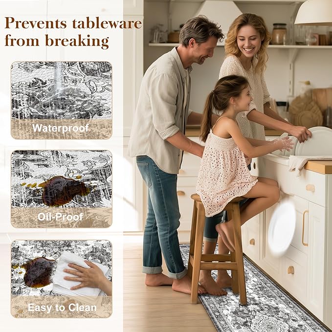 Boho Kitchen Mats for Floor 2 Piece Set Anti Fatigue Cushioned PVC Kitchen Rugs Non Slip Waterproof Farmhouse Mats 2/5 Inch Comfort Standing Mat for Sink, Laundry, Office, 17.3"x47"+17.3"x28", Grey