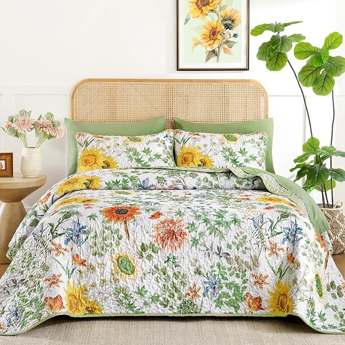 Yiran Floral Quilts Queen Size, Sunflower Botanical Bedspreads, Sage Green | by Yiran