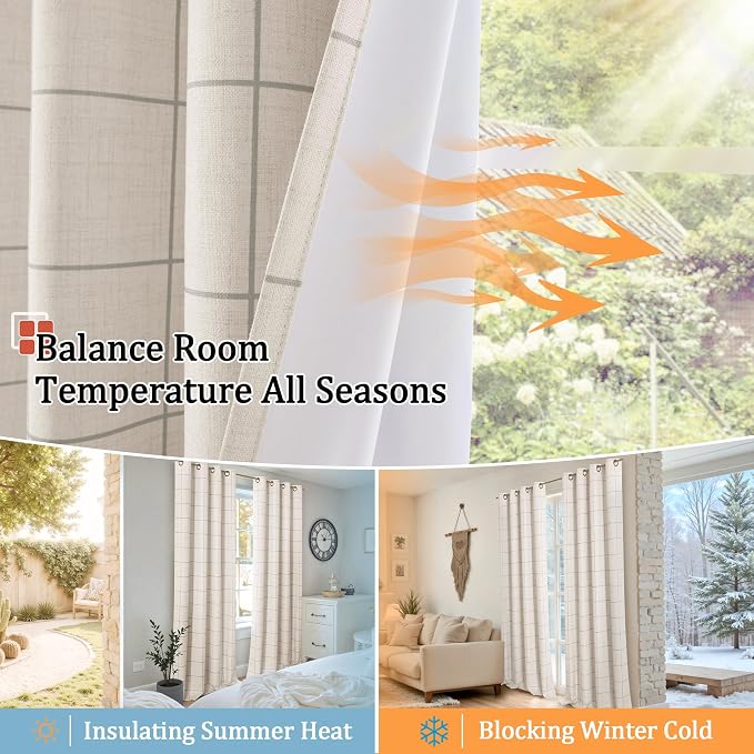 Plaid Blackout Curtains 96 Inch Long, 52 Wide 2 Panels, Light Grey | Linen - Image 7