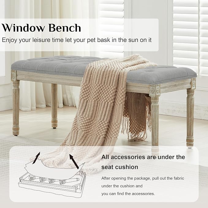 LOULENS 57.7" Linen End of Bed Bench King Size, Light Grey | French, Upholstered - Image 3