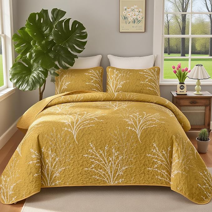 DJY Yellow Quilt Set King Size Branch Botanical Bedspread Coverlet Set | 3 - Image 9