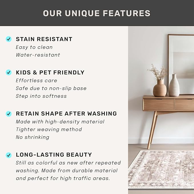 Washable Neutral Farmhouse Living Room Rug, 5x8 Area Rugs - Image 7