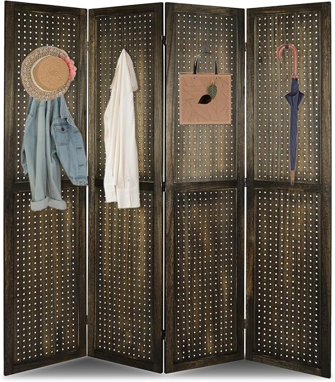 4 Panel Pegboard Room Divider | Brown Wood Folding Privacy Screen by Unknown