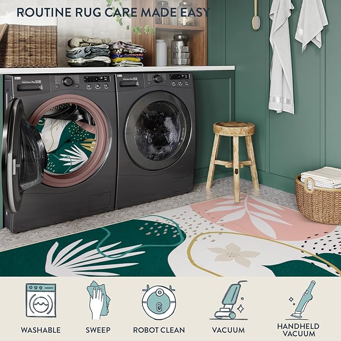 Lahome Washable Rug 5x7 - Rugs for Living Room 5x7 Non-Slip Ultra-Thin Carpet for Bedroom Cute Soft Kids Nursery Rug, Boho Botanical Print Indoor Floor Rug for Entryway Office (5'x7',Green/Pink)