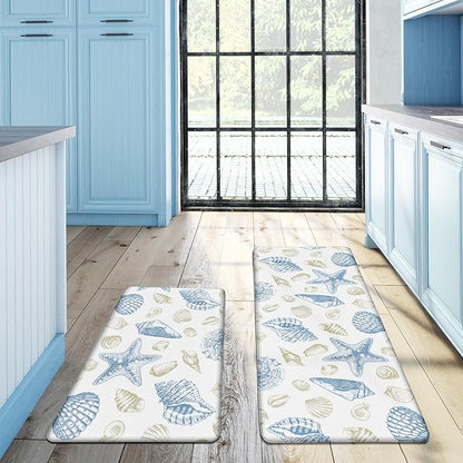 Kitchen Mats for Floor Cushioned Anti Fatigue Sets of 2 Beach Theme Kitchen Rugs Non Slip Waterproof Coastal Foam Kitchen Floor Rug Nautical Seashell Comfort Standing Mat for Sink Laundry, Blue