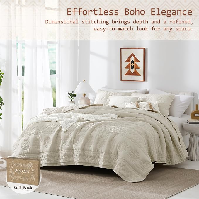 WDCOZY Beige Boho Queen Size Quilt Bedding Set - Image 2