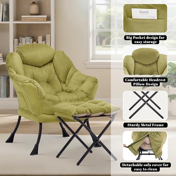 Lazy Chair with Ottoman, Comfy Reading Chair, Olive Green | Cushioned Seat with - Image 6