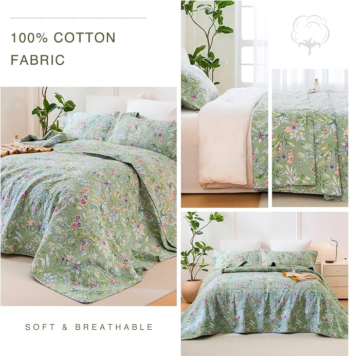 QSH 3Pcs Oversized King Bedspread Set, 100% Cotton Green Floral Quilt Bedding - Image 4