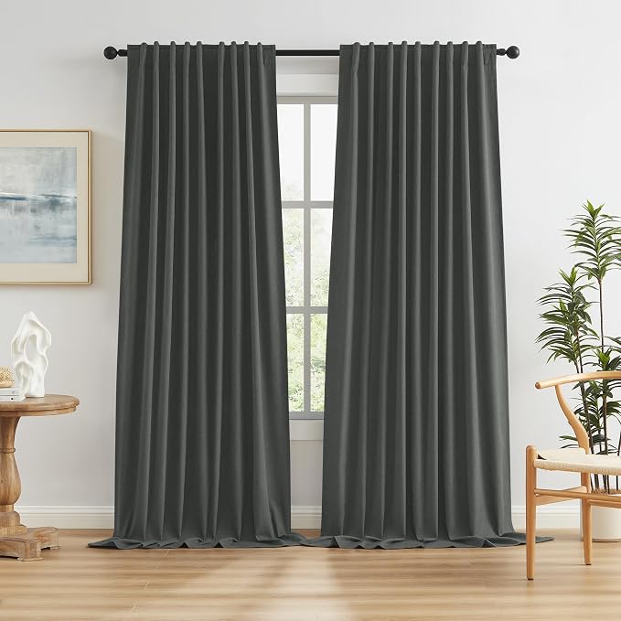 Grey Pleated Curtains 2 Panels Set, Full Blackout Linen Curtain Drapes by KEQIAOSUOCAI