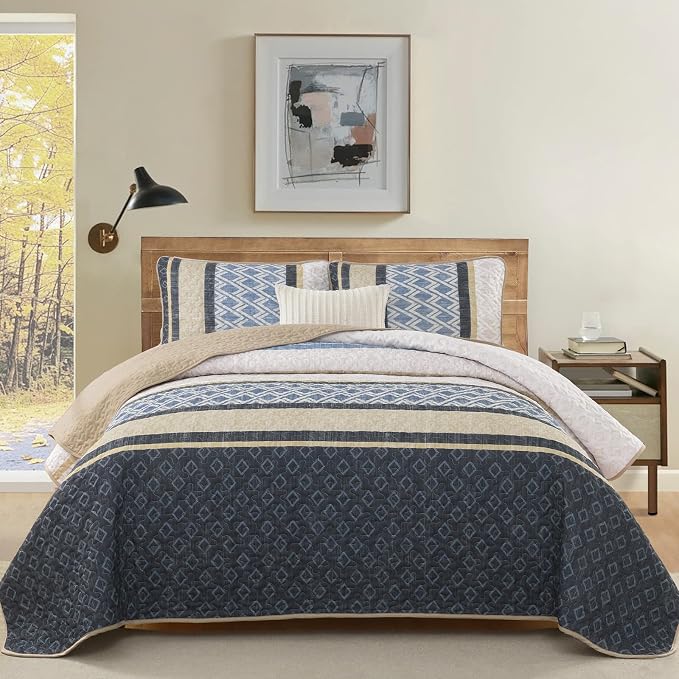 Dinjoy King Size Boho Quilt Set, Soft Striped Bedspreads, 3 Pieces Lightweight - Image 2