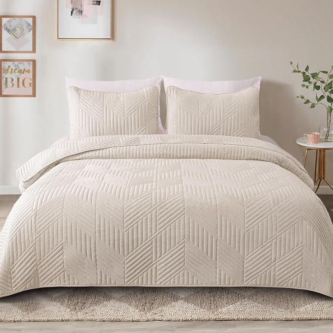 Exclusivo Mezcla Ultrasonic Twin Quilt Bedding Set, Brich Beige | Lightweight - Image 2