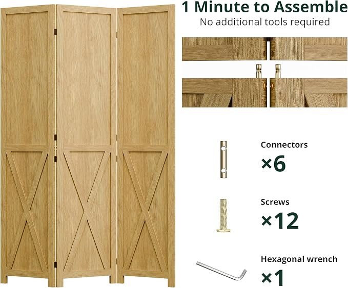Wood Room Divider, 3 Panel 66.9 Inch Privacy Screen, Folding Wall Divider - Image 4
