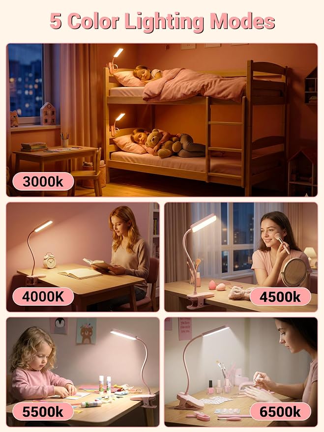 Pink Desk Lamp for Dorm Lamp, 9 Brightness+5 Color Clip on Light, Cute Lamp | - Image 3