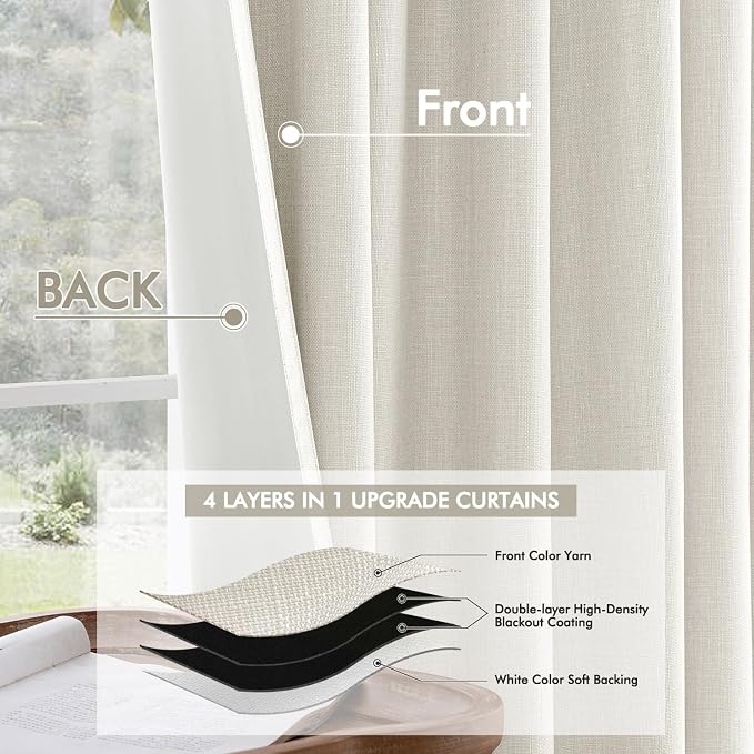 MIULEE 100% Blackout Back Tab Pleat Linen Curtains 50" Wx120 L, Ivory | 2 Panels - Image 5