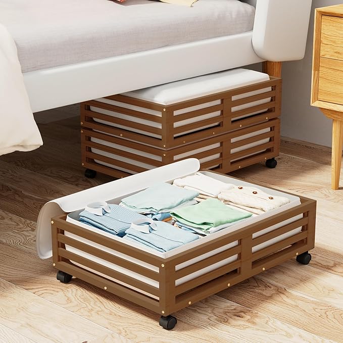 Wisuce Bamboo Under Bed Storage Containers- Underbed Organizer with Wheels with Large Dust Bag,Sturdy Wood Rolling Under the Bed Shoe Storage Organizer Drawer 2 Packs (Walnut, Small)