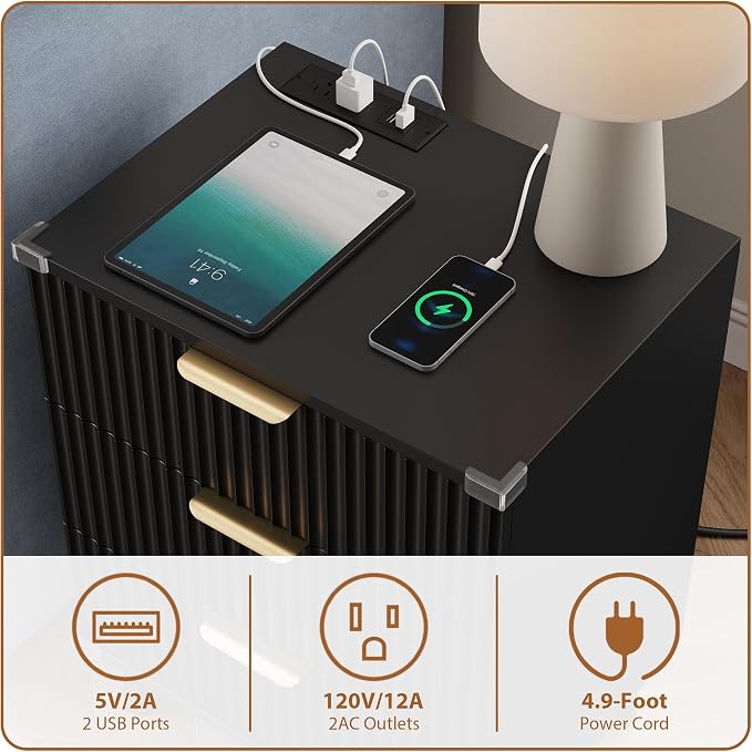 Wood Bedside Table w/Charging Station, 3 Drawers Fluted Dresser | Black - Image 4