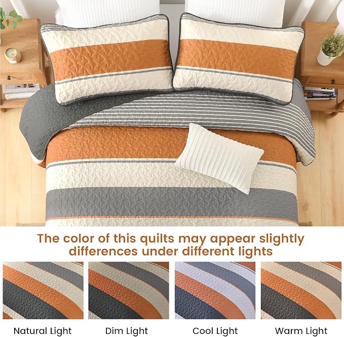 Dinjoy King Boho Striped Quilt Set, Breathable All-Season, 3-Piece Set Fits - Image 6