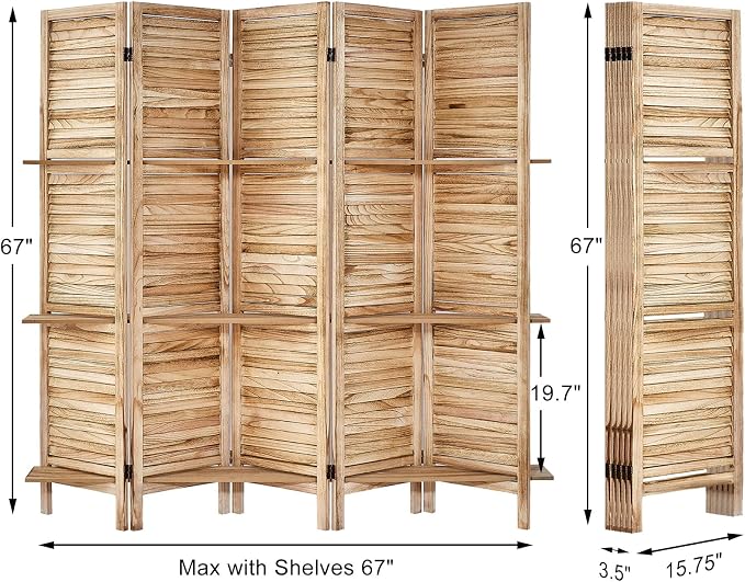 Room Divider with Shelves, 5 Panel Natural Privacy Screen | Partition Room - Image 2