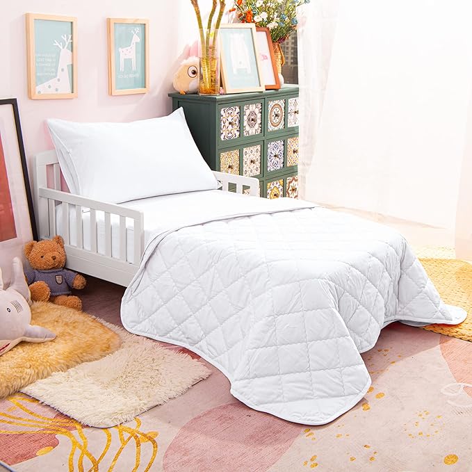 NTBAY Toddler Bedding Set - 4 Piece Soft and Breathable Crib Bedding Set for Boys and Girls, Includes Quilted Comforter, Fitted Sheet, Flat Top Sheet and Envelope Pillowcase, White