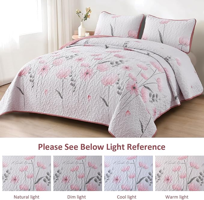 Dinjoy Floral Quilt Set Queen, Cozy Lightweight Microfiber, Light Pink Floral - Image 4