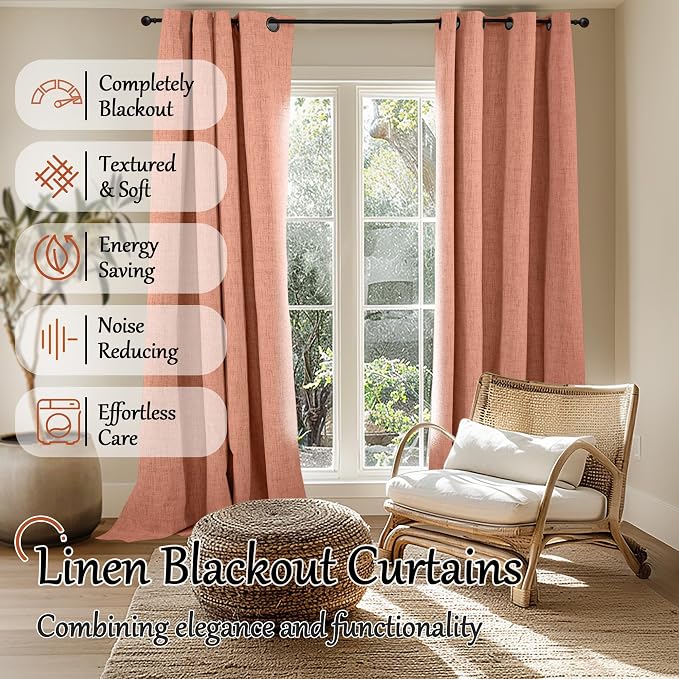 Terracotta Linen Blackout Curtains 84" Long Each 60 Wide 2 Panels | Thermal - Image 2
