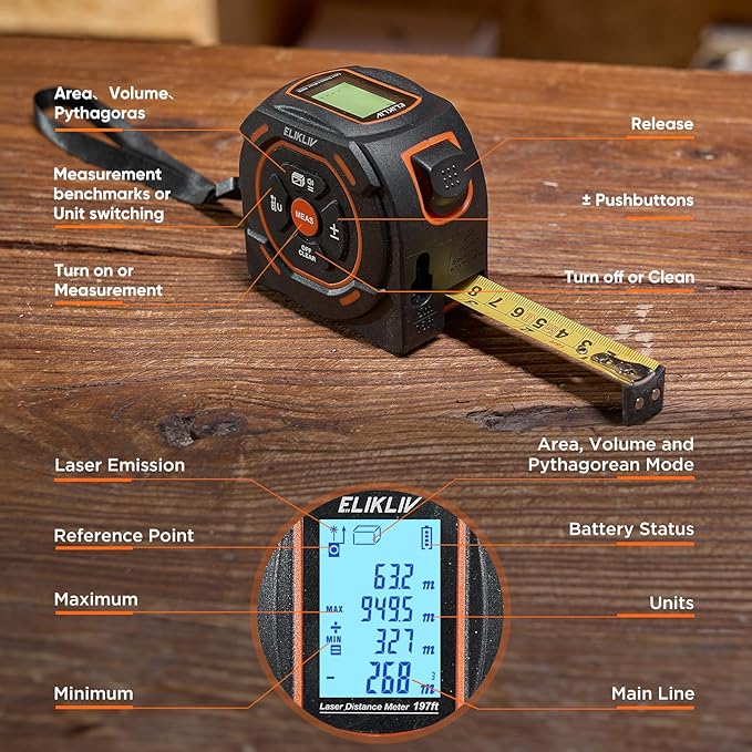 Laser Tape Measure 2-in-1, 197Ft Laser Distance Meter & 16Ft Digital Tape Measure, with LCD Display, Pythagorean Mode, Area/Volume Calculation, USB-C Rechargeable for Woodworking and Construction