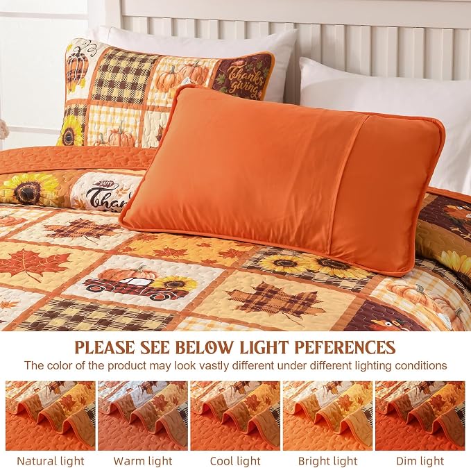 Anibedding 3Pieces Fall Patchwork Quilts Queen Size, Pumpkin Maple Leaves - Image 8