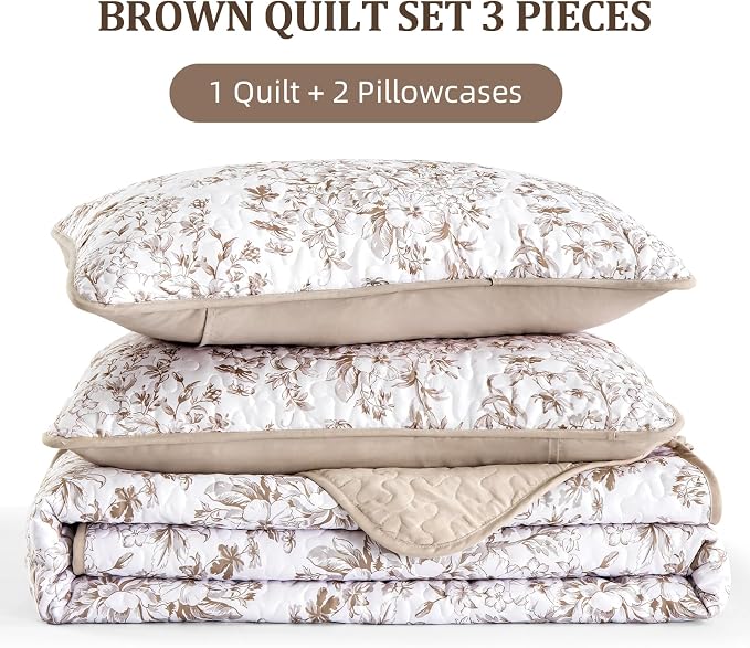 WONGS BEDDING Botanical King Quilt Bedding Set, 3 Pieces Bedspread, Microfiber - Image 7