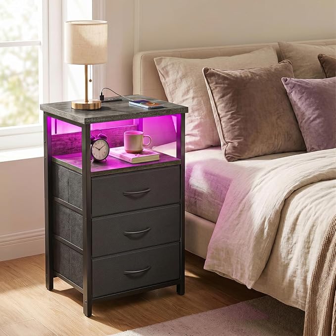 Fixwal Night Stand with 3 Fabric Drawers, Nightstand with Charging Station | - Image 2