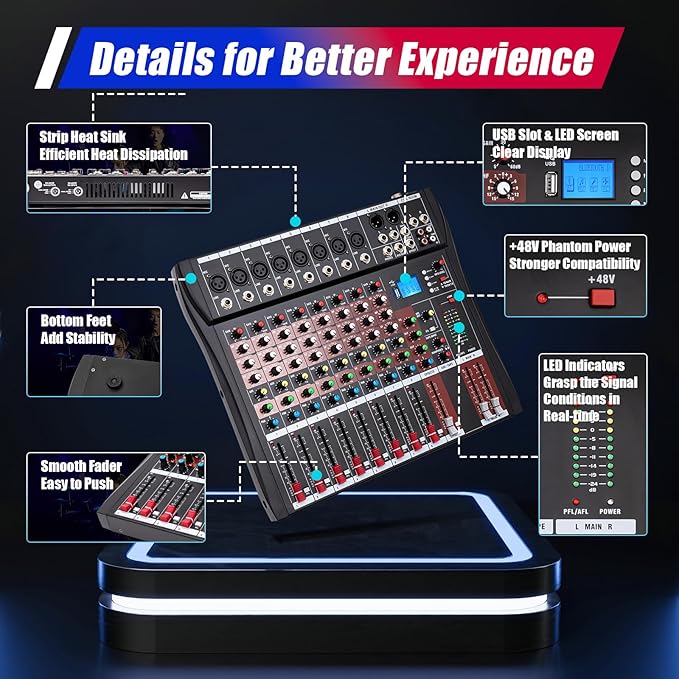 8 Channel Audio Mixer, Professional Audio Mixer with Bluetooth, 48V Phantom Power for Studio Recording, Karaoke and Live Performances