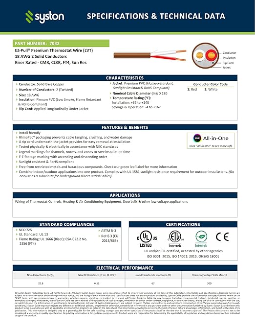 Syston 18/2 Thermostat Doorbell HVAC Heating Control Cable Wire, 18 AWG 2 Conductors 100% Solid Copper Conductors CL3R/FT4/CMR Riser-Rated, UV Resistant RoHS for Low Voltage Applications Use
