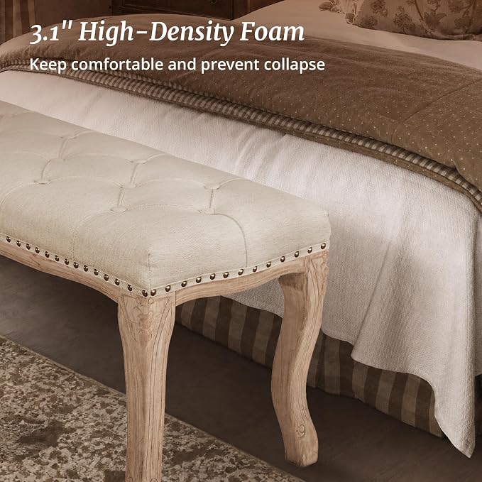 Bedroom Bench, French Vintage Tufted Entryway 52.5" Carving Upholstered End of - Image 5