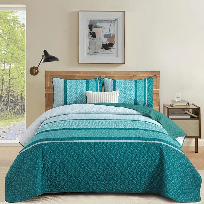 Dinjoy Boho Quilt Set, Turquoise Bedspread Queen Size, Striped Plaid Spring - Image 2