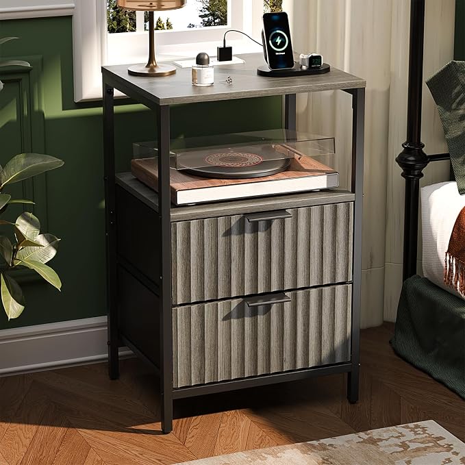 VINGLI Grey Night Stand with Charging Station and Fabric Drawers, Fluted - Image 7