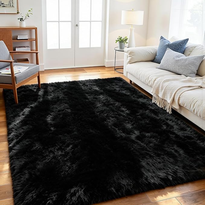 4x6 Fluffy Area Rug for Living Room: Soft Non-Slip Black Bedroom Carpet | Ultra - Image 2