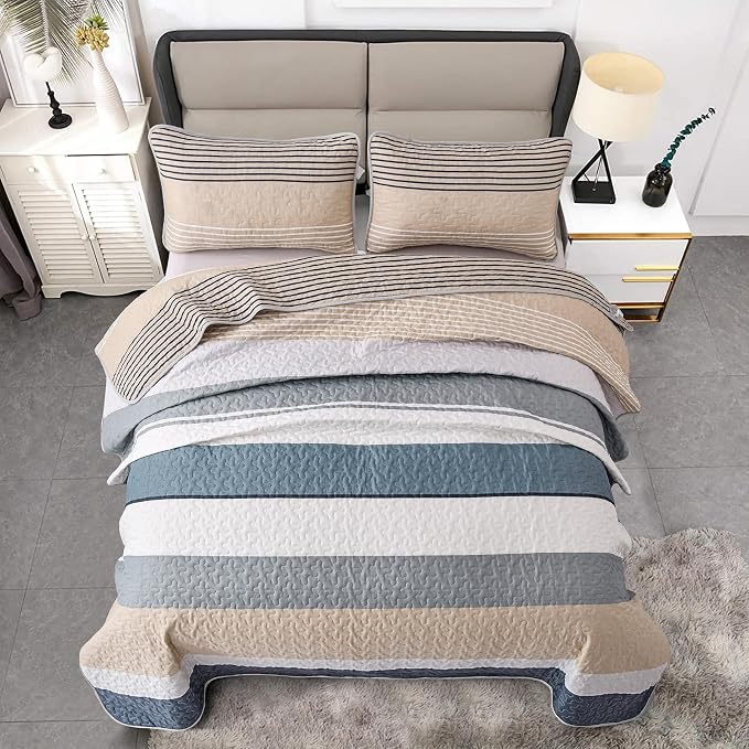 Dinjoy King Boho Striped Quilt Set, Khaki Lightweight Bedspread Bedding | Soft - Image 6