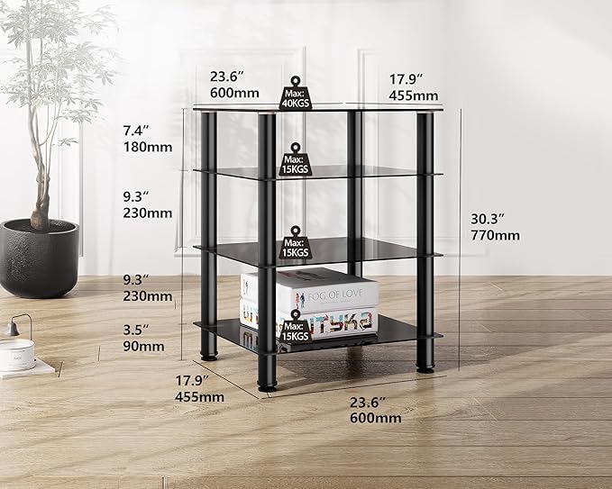 FITUEYES 4-Tier Media Stand Audio/Video Component Cabinet with Glass Shelf for/Apple TV/Xbox One/PS4 AS406001GB